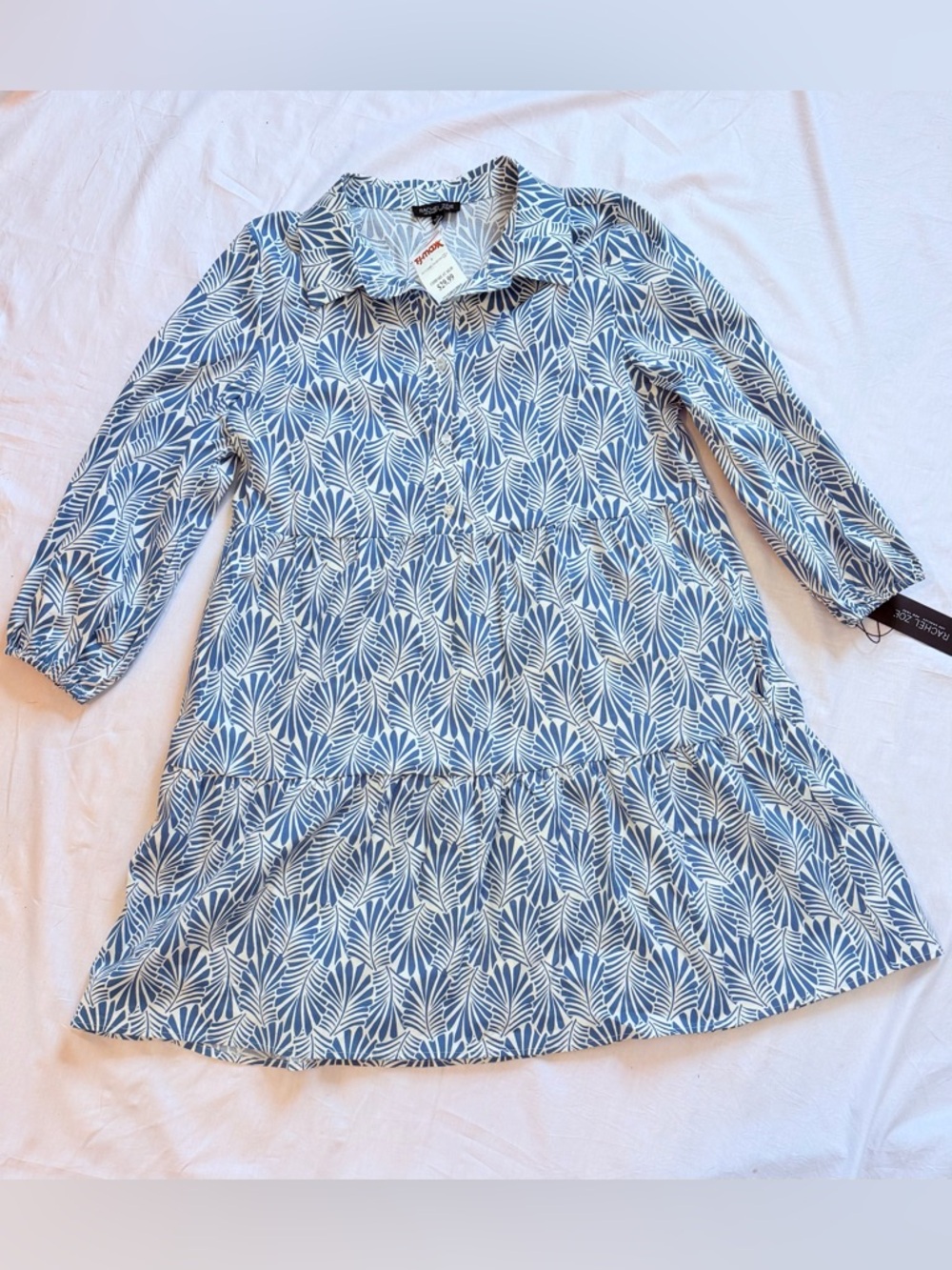 Rachel Zoe Blue White Leaf Print Tiered Shirtdress Long Sleeve cotton NWT XL